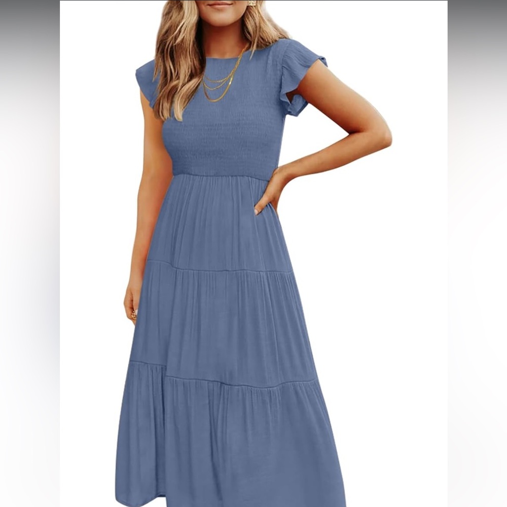 ZESICA Women's Summer Casual Flutter Short Sleeve Tiered Midi Dress (XL)